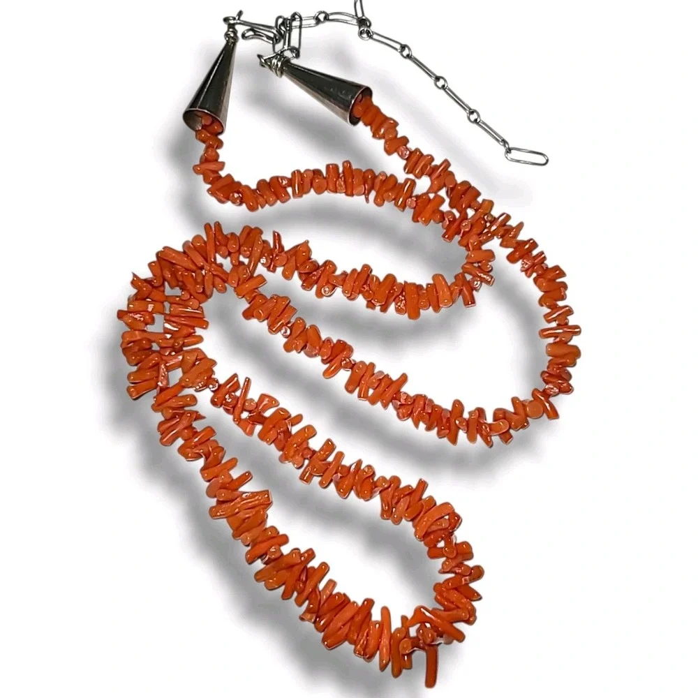 Vintage Native American Sterling Silver Branch Coral Chip Necklace 26